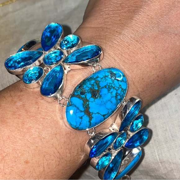 Gorgeous Tibetan Turquoise + Blue Topaz cluster statement cuff bracelet - Picture 5 of 15